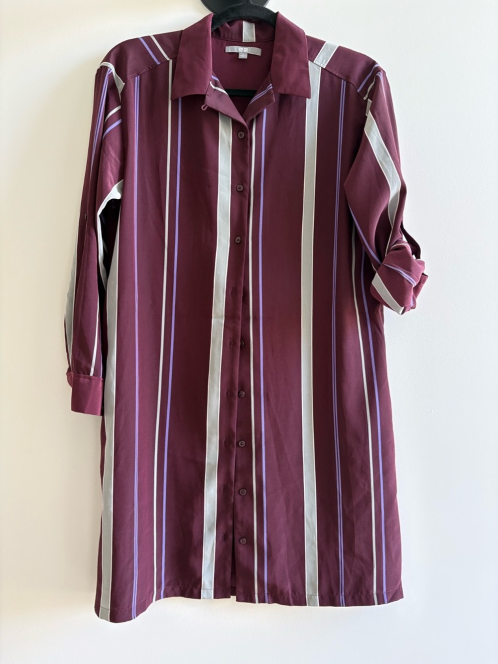 Uniqlo Striped Burgundy Purple Gray White Button-Front Shirt Dress - M